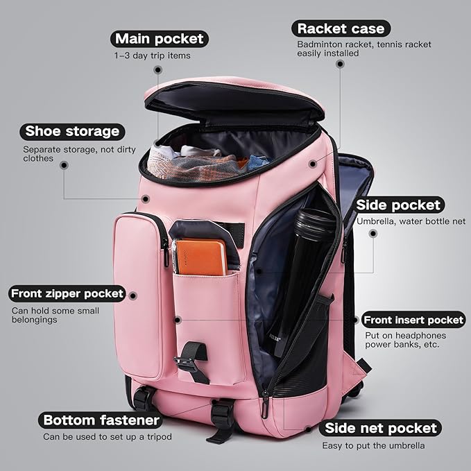 Carry on Travel Backpack for Men Women,30L Multi-Pocket 17.3inch Laptop Backpack, Sports Gym Tennis Badminton Backpack with Shoe Compartment-Pink