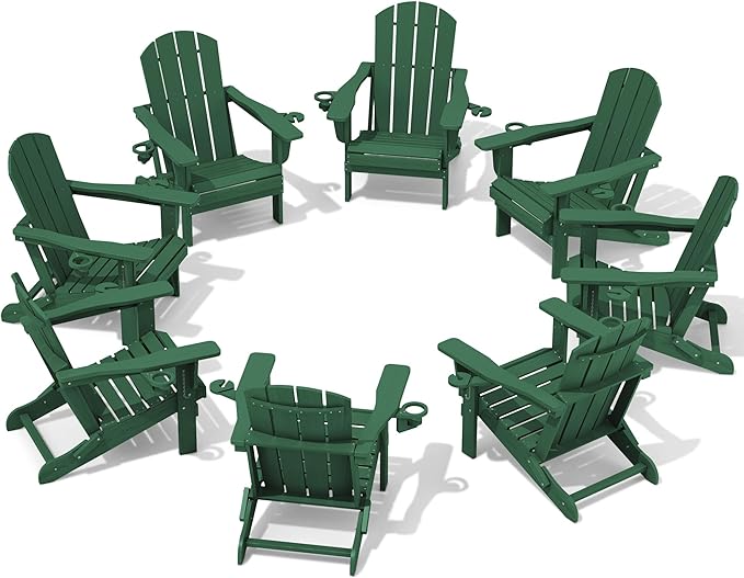 SERWALL Adirondack Chair with Cup Holders - Composite Adirondack Chairs Set of 8 HDPE Outdoor Chairs All Weather Use- Green