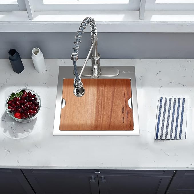 Kitchen Sink, 15 x 15 x 10 inch Small Bar Prep Sink 16 Gauge Stainless Steel Drop Single Bowl Workstation with Cutting Board