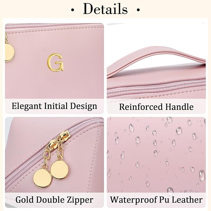 Birthday Gifts for Women Teen Girl, Personalized Initial Makeup Organizer Bag Set, Open Flat Travel Cosmetic Bag With Clear Divider and Handle(Pink,G)