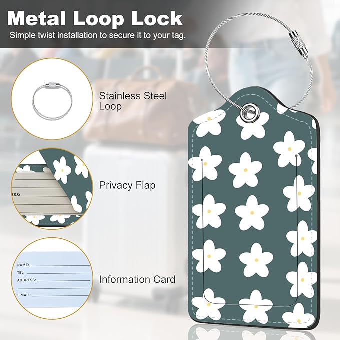 2Pack Luggage Tags for Suitcases, Cute Unique Pu Leather Cruise Luggage Tag with Privacy Cover ID Label Address Card and Metal Ring Suitable for Women Men Kids Travel Bag Little White Flower