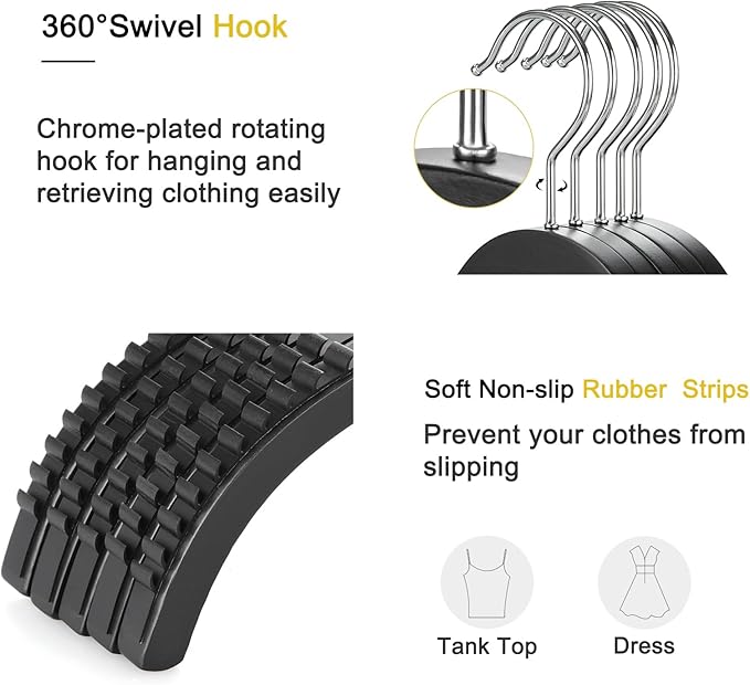 TOPIA HANGER Slim Wooden Hangers with Extra Soft Non-Slip Rubber Grips, 18-Pack High-Grade Fashion Black Hanger No Shoulder Bump for Sweater, Camisole, Jacket, Dress, Coat-CT16B