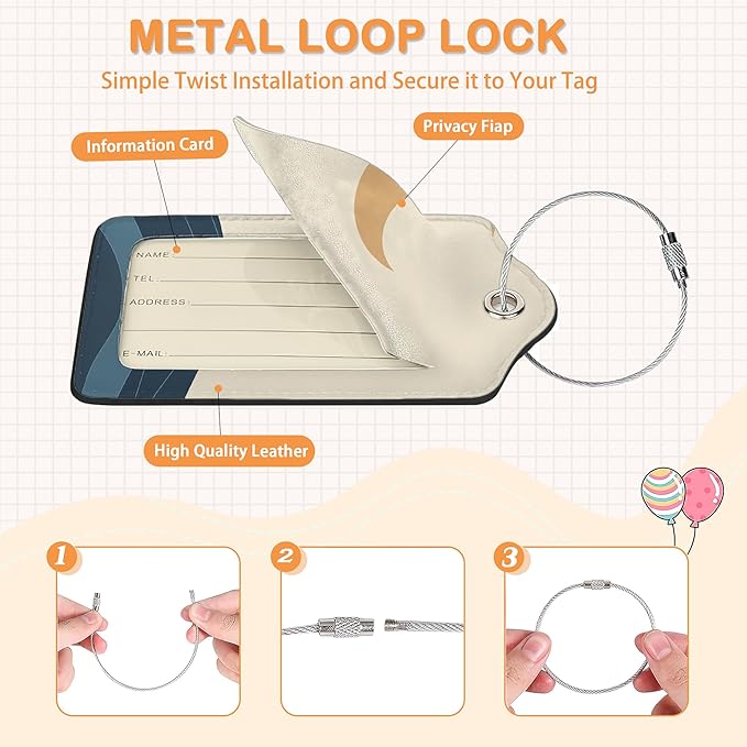 Minimalist Sunset PU Leather Luggage Tags for Suitcase, Modern Moon Travel Cruise 3 Pack with Privacy Flap, Name ID Label and Metal Loop for Women Men Girls Baggage Bag Backpack
