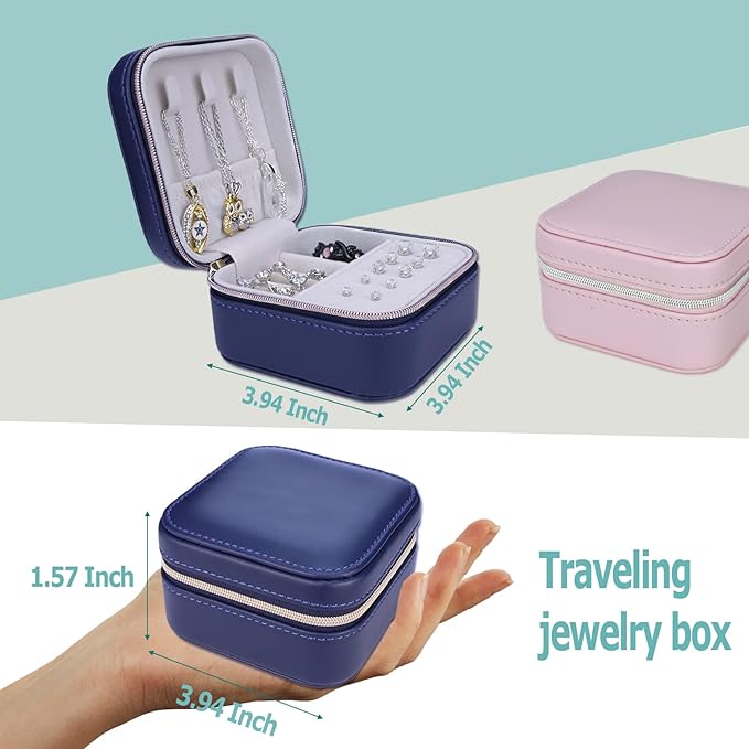 【2 Pack】 PU Leather Travel Small Portable Mini Travel Jewelry Organizer for Rings Necklaces Earrings and Lipstick Color Blue and Pink