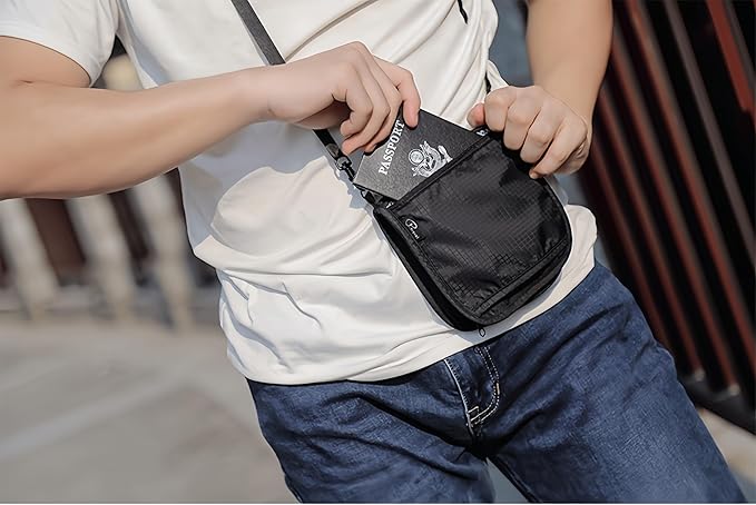 Travel Passport Holder 【1 PACK】2 in 1 Slim RFID Blocking Travel Money Belt for Men & Women, Hidden Neck Wallet for Credit Cards, Documents & Cash, Fanny Pack, MA-MO (Black)