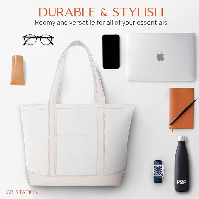 CB STATION Medium Classic Canvas Tote Bag for Women, Top Zipper Closure, Outer Pocket, Daily Essentials, Groceries, Traveling