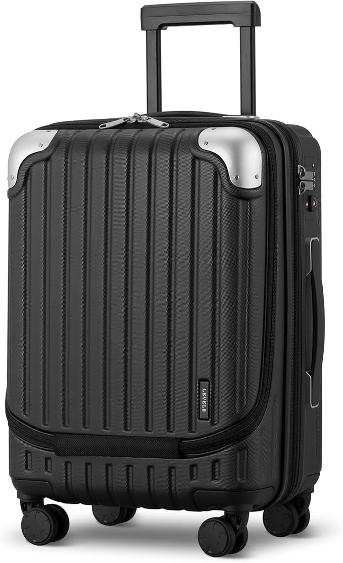 LEVEL8 Grace Carry on Luggage, 20 Inch Hard Shell Suitcases with Spinner Wheels, Abs+Pc Hard Case Luggages with Tsa Lock, Black