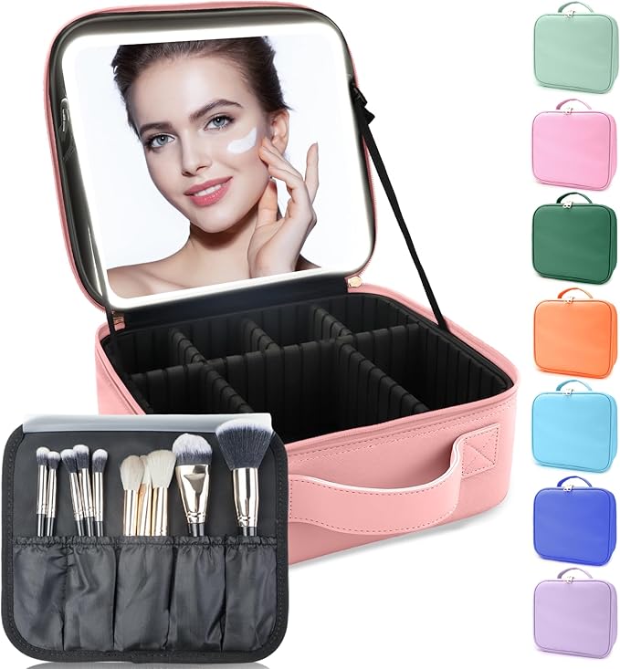 Makeup Bag with Led Mirror,Travel Makeup Organizer with 3 Color Setting, Portable Storage and Adjustable Dividers Travel Makeup Bag(Pink)
