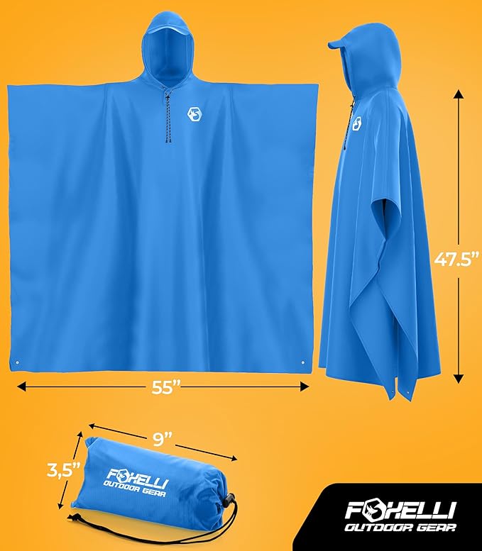 Foxelli Rain Poncho for Adults – Extra Long Reusable Waterproof Raincoat with Hood, Lightweight for Hiking, Camping, Outdoors