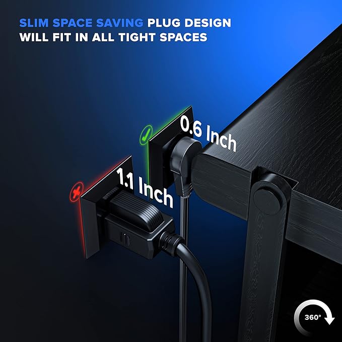 Maximm Cable 6 Ft 360° Rotating Flat Plug Extension Cord/Wire, 16 AWG Multi 3 Outlet Extension Wire, 3 Prong Grounded Wire - Black - UL Certified