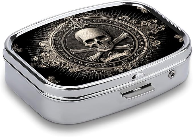 Metal 2 Compartment Pill Organizer Travel Friendly Portable Compact Pill Box Cute Pill Case,for Pocket Wallets Daily Portable Medicine Vitamin Tablet Storage (Skull)