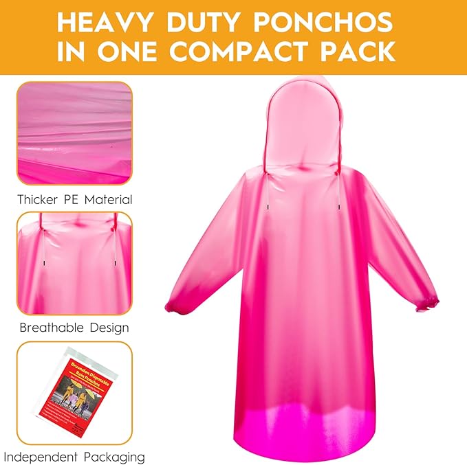 Bruvoalon 6 & 20 Pack Disposable Rain Ponchos for Adults/Youth, Waterproof PE Raincoats with Drawstring, Camping/Emergency