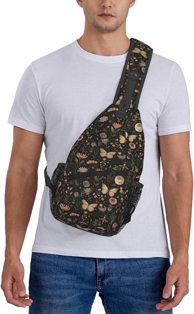 SUPLUCHOM Sling Bag Vintage Butterfly Moon Flower Hiking Daypack Crossbody Shoulder Backpack Travel Chest Pack for Men Women