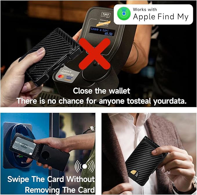 Zeeker Mens Air Wallet, with Smart Tracker, RFID Blocking Credit Card Clip, Bi-Fold Minimalist Wallet, Compatible with Apple Find My IOS Only, Replacement AirTag Chip(Carbon Fiber Pattern)