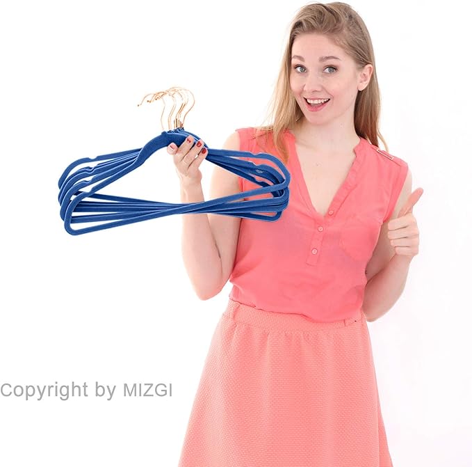 MIZGI Premium Velvet Hangers (50 Pack) Heavy Duty - Non Slip Felt Hangers - Velvet Suit Hanger Mediterranean Blue - Rose Gold Hooks,Space Saving Clothes Hanger