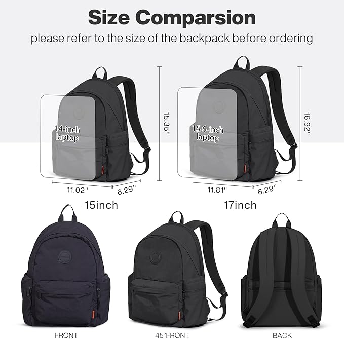 mixi Outdoor Lightweight Backpack Casual Carry On Laptop Backpack Travel Bookbag for Women Men, Water Resistant Durable Hiking Bag for Camping Weekender Sports College Work, 17 Inch, Black