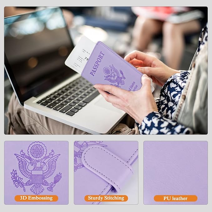 TIGARI Passport Holder for Travel Women Men, PU Leather Waterproof RFID Passport Holder Wallet Cover Case Sleeve, Family Vacation Plane Cruise Travel Document Organizer Essentials-Purple