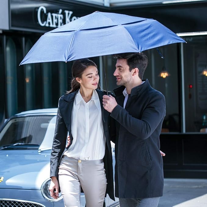 Large Umbrella Windproof 54 Inch Folds Into Portable Travel Size - Big Enough To Comfortably Fit In 2 Adults - Auto Open Close and Patented Vortex System For Superior Safety And Durability (Navy Blue)