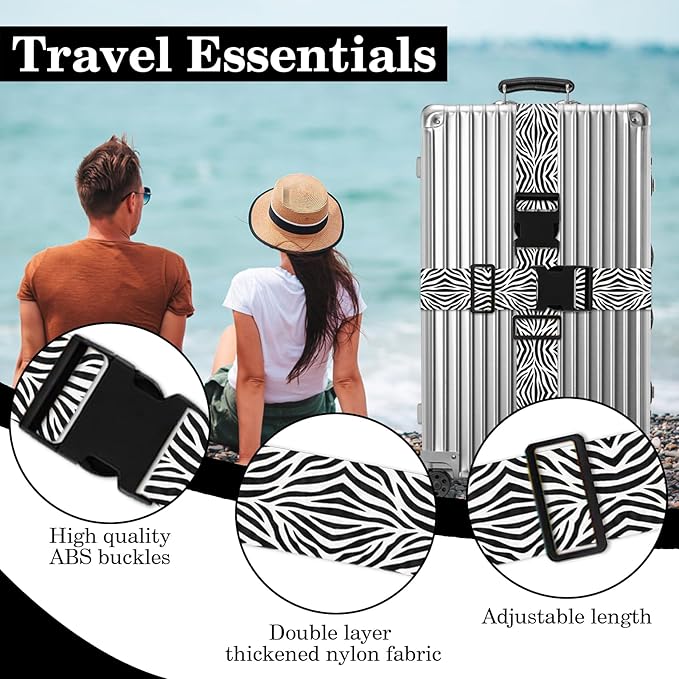 Zebra Luggage Straps for Suitcases TSA Approved, Luggage Identifiers for Suitcase, Adjustable Suitcase Strap for Baggage Security with Cute Patten, Travel Necessary Accessories (2Pack)