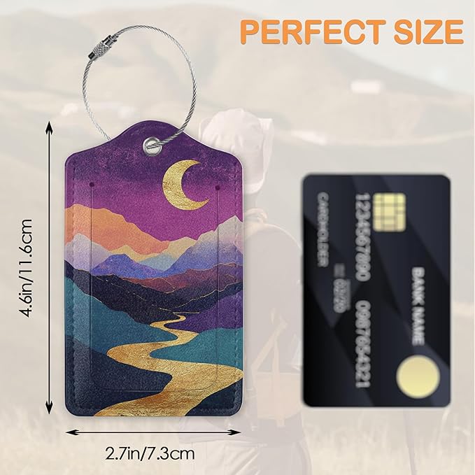 Colorful Abstract Mountain 3 Pack PU Leahter Luggage Tag with Stainless Steel Loop, Bold Golden Sun Crescent Moon Travel Suitcase Labels with Privacy Cover ID Label Quickly Spot for Bags