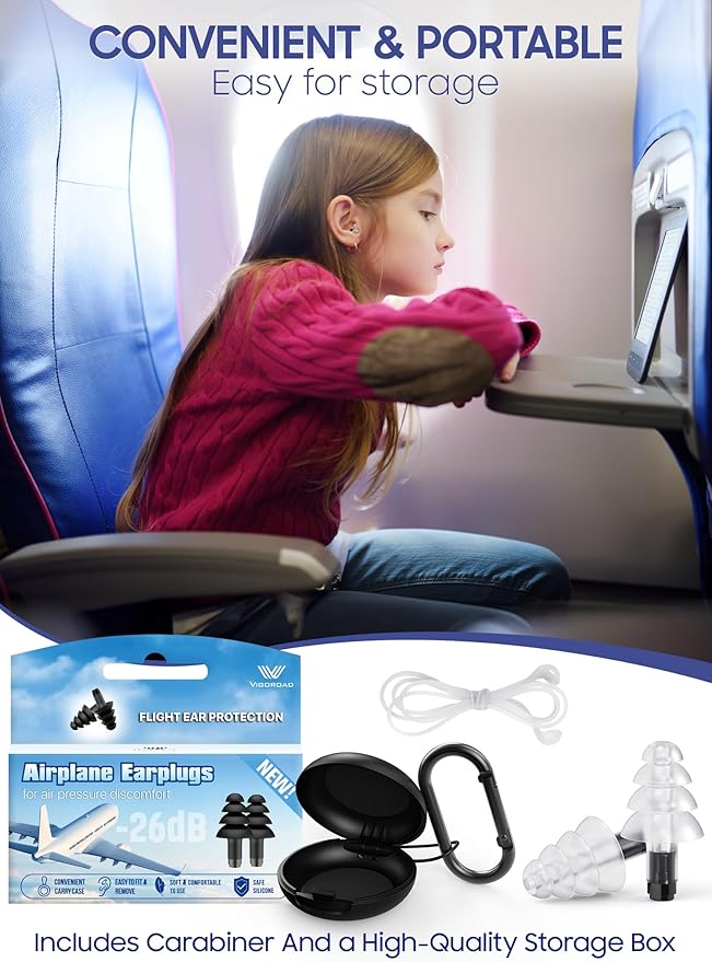 Ear Plugs for Airplane Pressure Relief, Kids 6+, Adults/Small Canal Reusable Airplane Earplugs 26dB, with Silicone Connector Cord, Travel Essentials for Flying, Ear Protection Earplugs