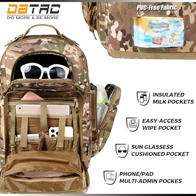 Diaper Bag Backpack for Dad, DBTAC Large Baby Nappy Bag for Men w/Changing Mat, Insulated+Wipe Pockets, Stroller Straps, CP Camo