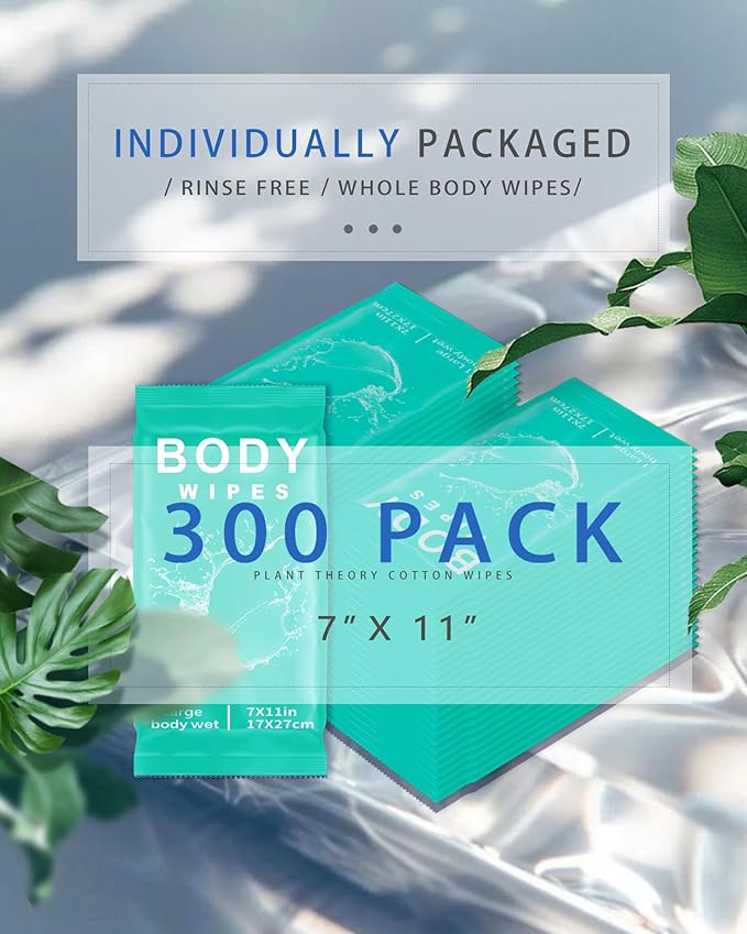 FUMMI 300 Pack Body Wipes – Large Individually Packaged Bath Wipes for Adults, Travel, Gym, Camping, Elderly, Bedridden – No Rinse Bath Wipes, Moisturizing & Refreshing Clean
