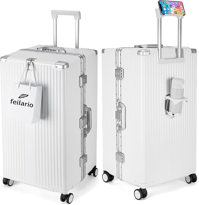 feilario 30in Super Large Captain Aluminum Frame Hardside Spinner Wheels Luggage, Removable Wheels Zipperless Checked Suitcase with Cup Holder/Phone Holder