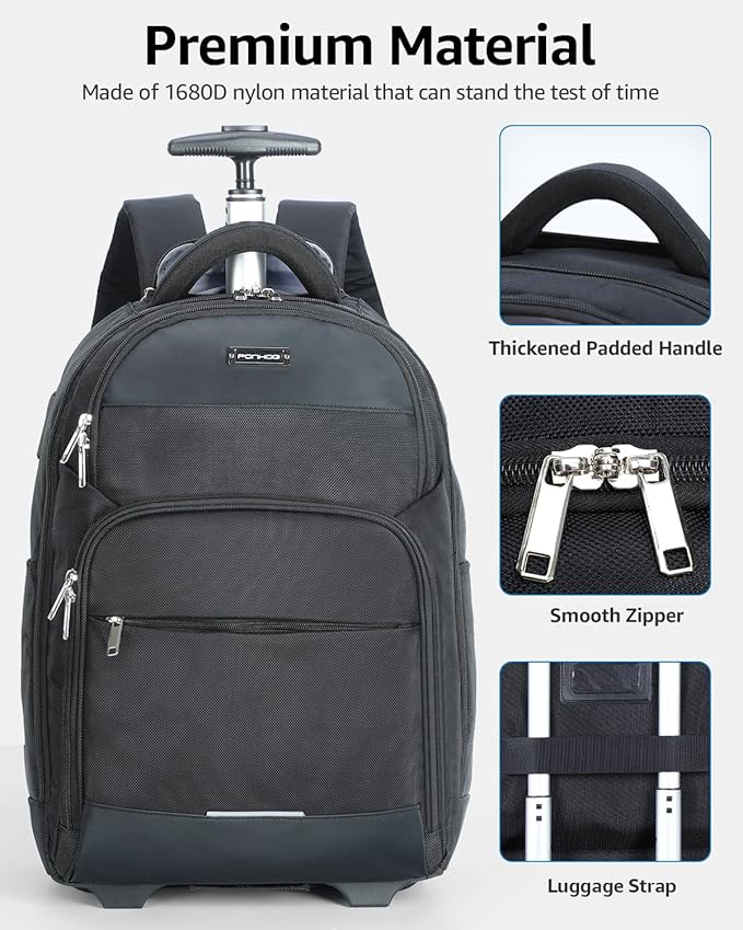 Rolling Backpack, 30L Travel Laptop Backpack with Wheels, 15.6 Inch Roller Carry on Luggage with USB Charging Port, Flight Approved Personal Item Wheeled Suitcase for Men Women Adults, Black
