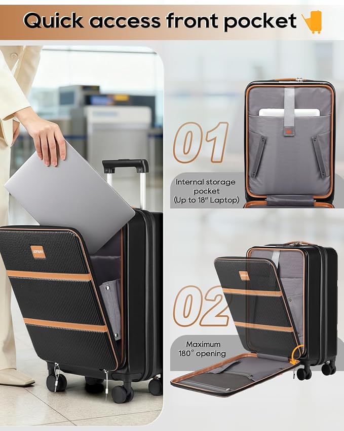 Joyway Carry on Luggage Airline Approved with Front Pocket, Hardside 20 Inch Travel Luggages with Cup Holder, Carry-on Suitcase with Spinner Wheels for Men and Women (Black, 20 Inch)