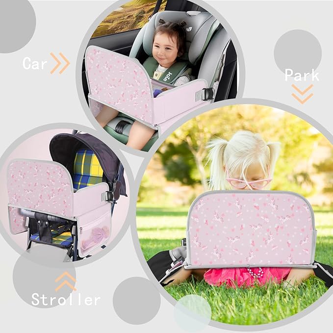 MENZOKE Kids Travel Tray, Car Seat Tray for Long Road Trips & Airplane Rides, with Cooler Cup Holder, Educational Dry Erase Board & Tablet Holder, Cute Unicorn Print, Light Purple