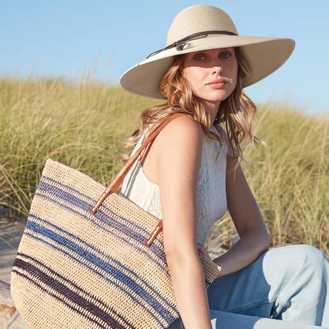 DRESHOW Beach Hats for Women Big Straw Wide Brim Summer Hat Floppy Foldable Roll up Cap Sun Hat UPF 50+