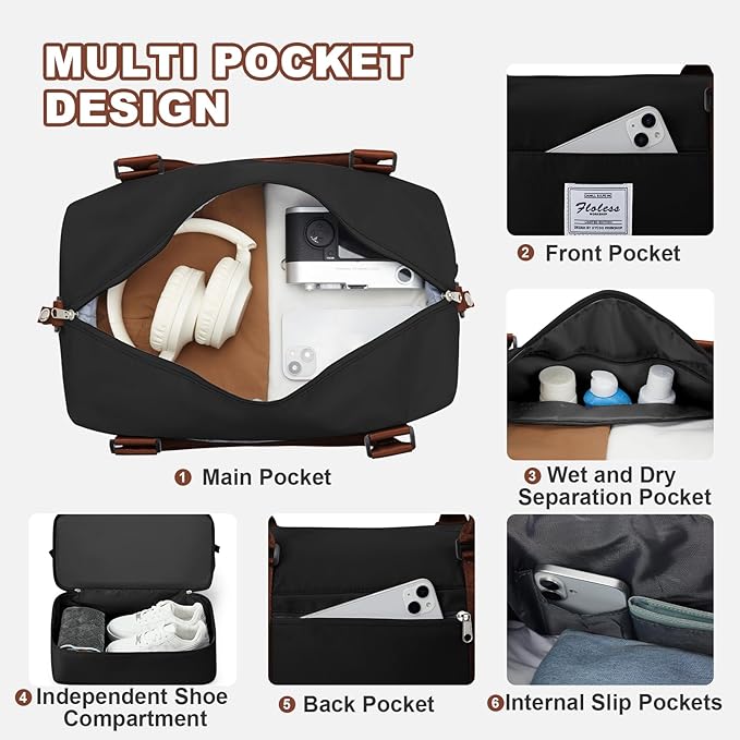 Travel Duffel Bag, Sports Tote Gym Bag, Shoulder Weekender Overnight Bag for Women