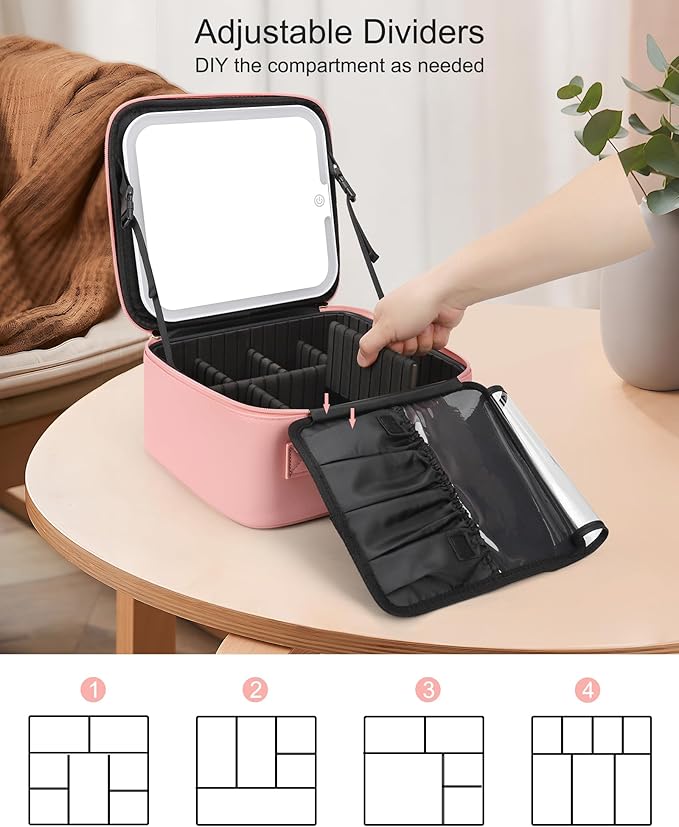 Relavel Makeup Bag with Light Up Mirror, Makeup Case Travel Cosmetic Bags Brush Organizer Storage Box, Rechargeable Vanity Mirror with 3 Color Lights, High Frame Mirror Protection (Pink)