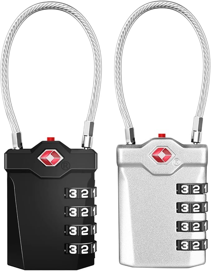 ZHEGE TSA Luggage Locks, Zipper Lock with Inspection Indicator, 4 Digit Cable Lock with 5.5 Inch Flexible Cable for Suitcase, Backpack, Baggage, Gym Locker, Toolbox (2 Pack, Black and Silver)