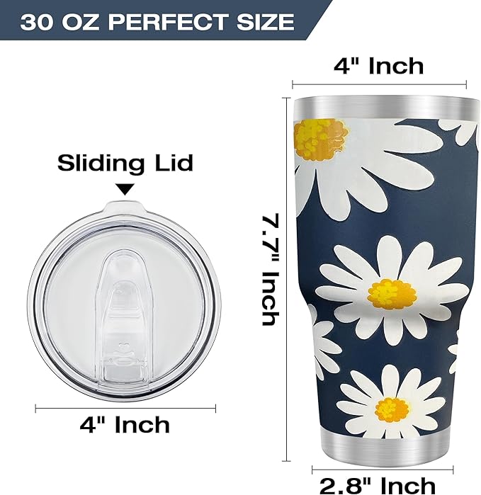 WETOWETO 30oz Tumbler, Stainless Steel Vacuum Insulated Water Coffee Tumbler Cup, Double Wall Powder Coated Spill-Proof Travel Mug Thermal Cup for Home Outdoor (Daisy Flower, 1 Pack)