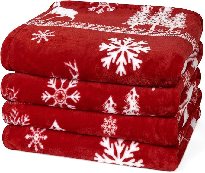 PHF Printed Fleece Blanket Twin Size, No Shed No Pilling Ultra Soft Plush Cozy Xmas Prints Theme Home Décor Flannel Blanket for Bed, Sofa, Couch and Gift, 66" x 90", Reindeer and Trees, Red