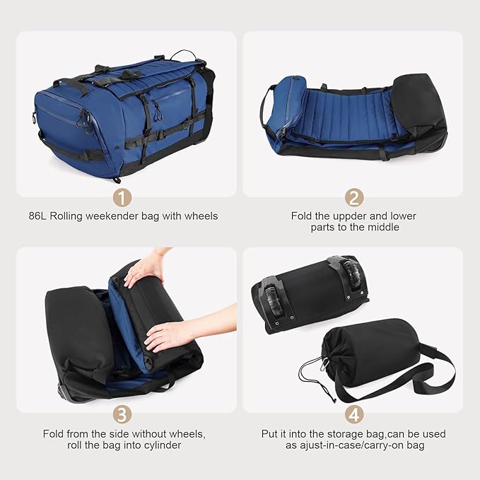 Rolling Duffle Bag with Wheels,86L 30”Folding Duffle Backpack with 2 Wheels,Travel Bag with Separate Shoe Compartment,Dark Blue
