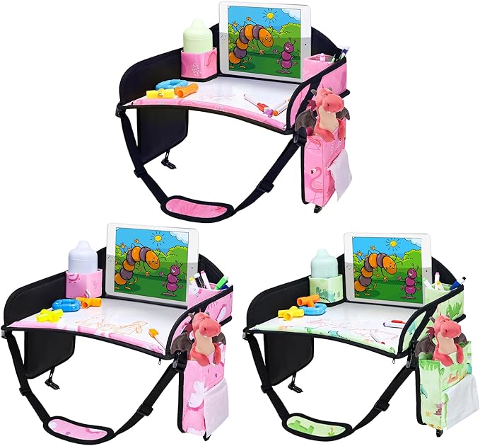 Kids Travel Tray, 3PCS Car Seat Tray for kids Travel, Toddler Road Trip Essentials With Drawing Kit, Toddler Lap Desk Organizer for Car, Carseat Table for Airplane