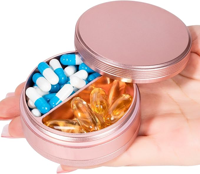 Small Pill Case 2 Compartment Metal Pill Box - Portable Travel Pill Container for Pocket or Purse, Waterproof Pill Organizer for Medicine Vitamin Fish Oil and Supplements