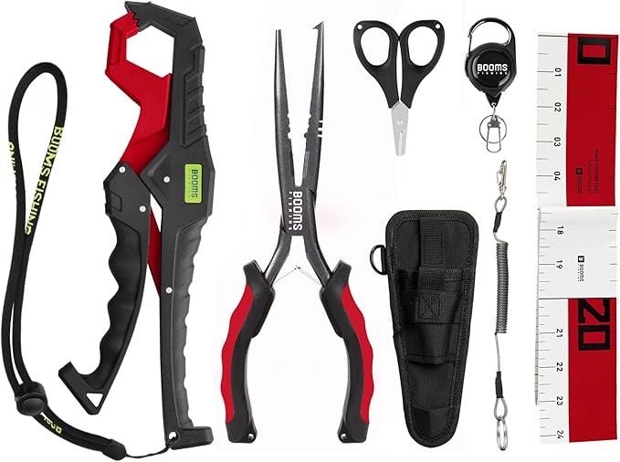 Booms Fishing Gear and Equipment: 6pcs Fishing Tools Kit with Needle Nose Pliers, Fish Gripper, Scissors, 24" Ruler, Retractor & Lanyard - Saltwater Fishing Tackle Accessories Gifts for Men, TK1