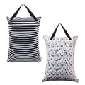 ALVABABY 2 Pack Large Wet Dry Bag Waterproof Hanging Cloth Diaper with Double Zippered Pockets 25x18 inches (Feather & Stripe)