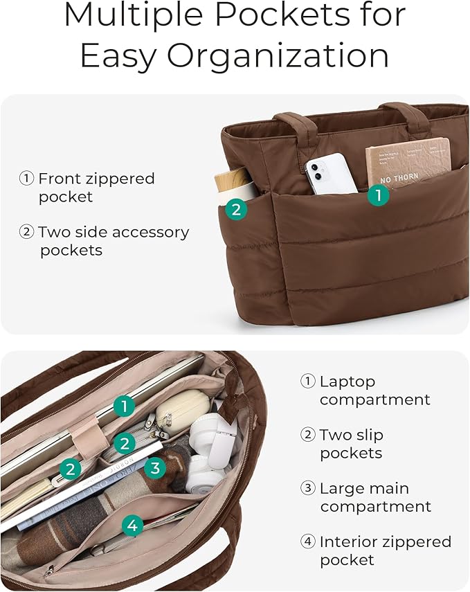 BAGSMART Tote Bag for Women, Lightweight Puffy Tote Bag with Compartments Shoulder Bag Handbag for Travel, Work, Gym,