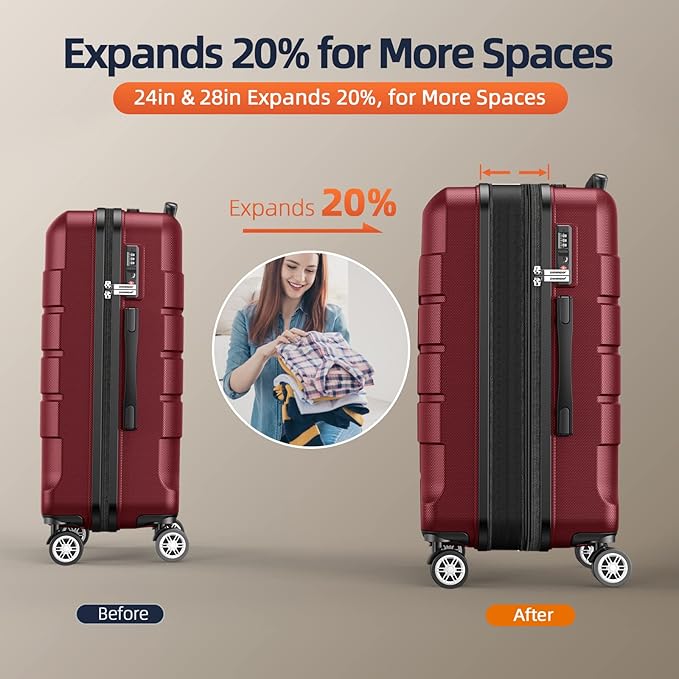 SHOWKOO Luggage Sets Expandable PC+ABS Durable Suitcase Double Wheels TSA Lock Red