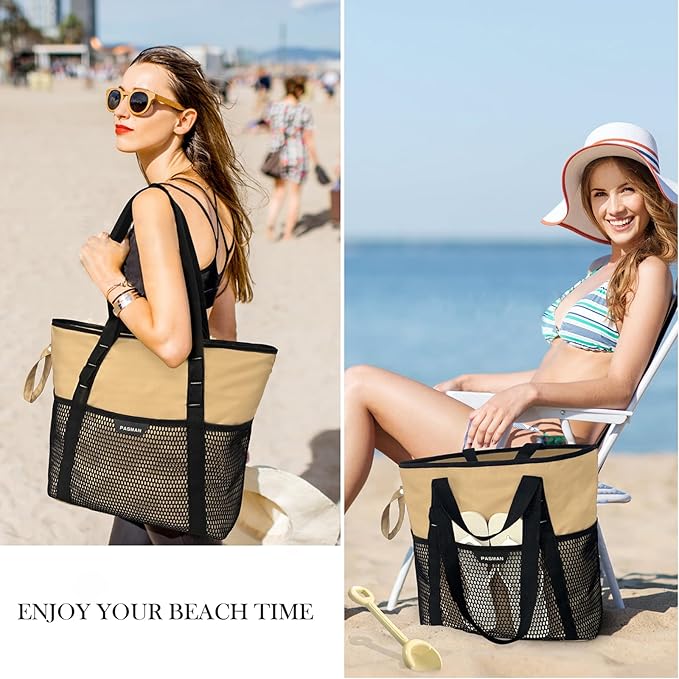 Beach Bag with Zipper - 8 Pockets Sandproof Beach Tote Bag for Women,Foldable Lightweight Family Swim Bag Vacation