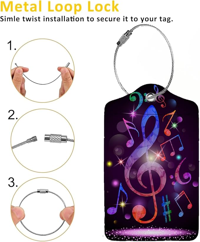 Colorful Musical Notes Luggage Tags for Suitcases,2 Pack Luggage Tag, Leather Stainless Steel Loop Label Tag for Women Girl Travel Bag Suitcase