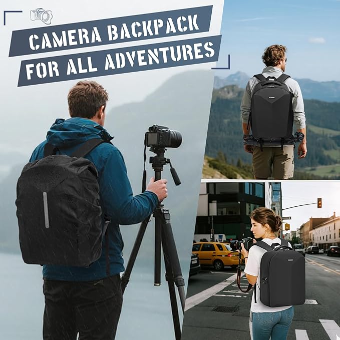RAINSMORE Camera Backpack Hard Shell for DSLR/SLR Waterproof Camera Bag with Laptop Compartment 15.6 Inch Professional Camera Case with Rain Cover Photography Backpack Bag with Camera Lens Case Black