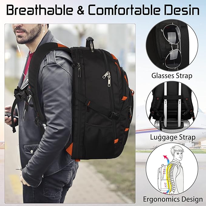 18.4 Laptop Backpack Women Men, 55L-60L Flight Approved Extra Large Travel Backpack RFID Anti Theft and TSA Friendly Backpack, Water Resistant College School Heavy Duty With USB Charging Port, Orange