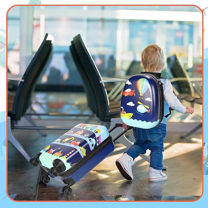 Weewooday Kids Luggage and Backpack 18" Suitcase with Spinner Wheel Hard Case Travel 13" Backpack Girl Suitcase Set for Kids Travel Supplies(Assorted Colors,Vehicle Style)