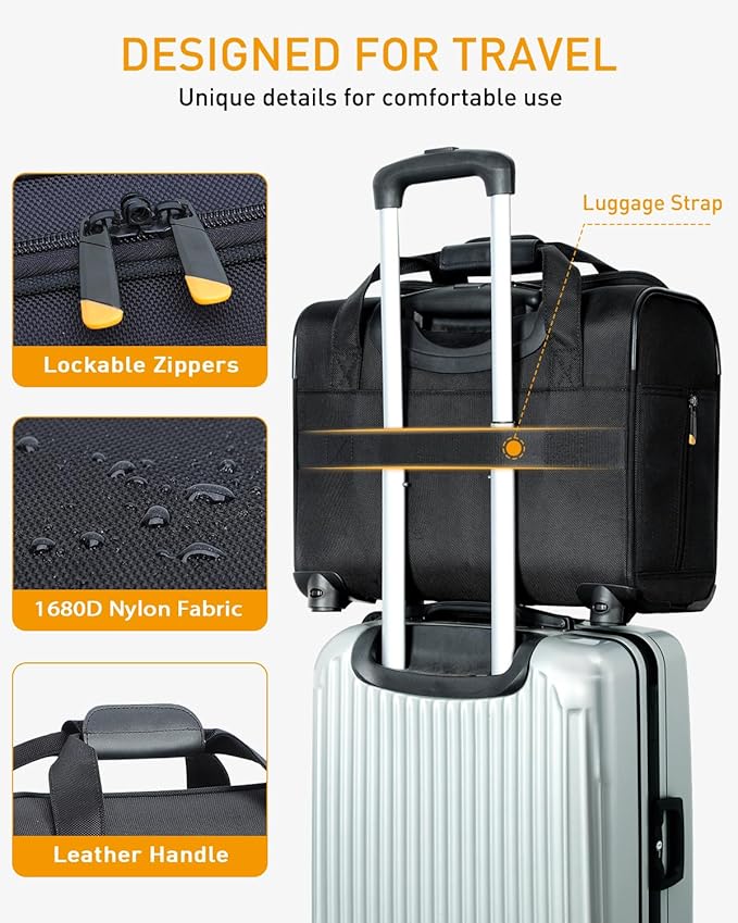 Rolling Laptop Bag - Rolling Briefcase with 4 Spinner Wheels, 17.3 Inch 1680D Nylon Water Resistant Computer Bag for Men and Women Work Travel, Black